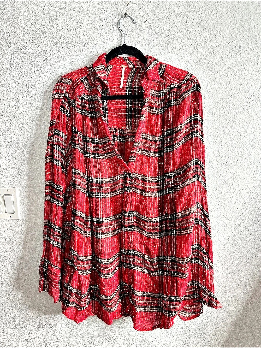 Free people Plaid Sequin Blouse in Red & Black Size Large